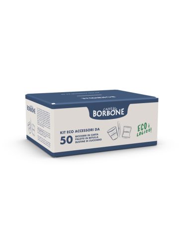 CAFFE'' BORBONE KIT ECO ACCESSORI 50x BICCHIERINI CARTA + 50x PALETTE BETULLA + 50x ZUCCHERO