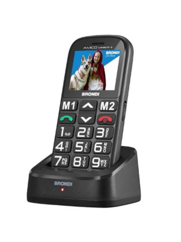 BRONDI AMICO UNICO+ (NERO) + BASE - TELEFONO CELLULARE PER ANZIANI - TASTO SOS - TORCIA - CONTROLLO REMOTO - ANNUNCIO VOCALE
